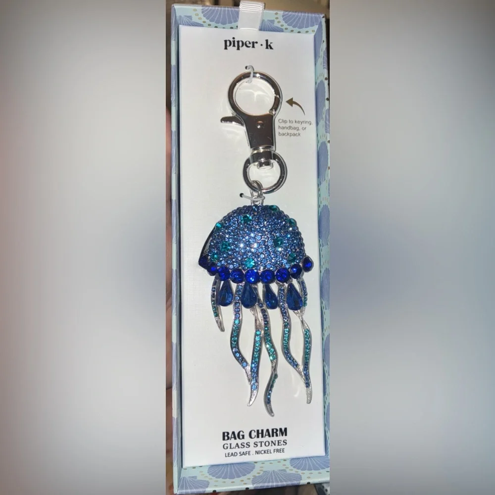 PIPER K Blue Ombré Crystal-Studded Jellyfish or Squid Bag Charm Keychain NEW NWT